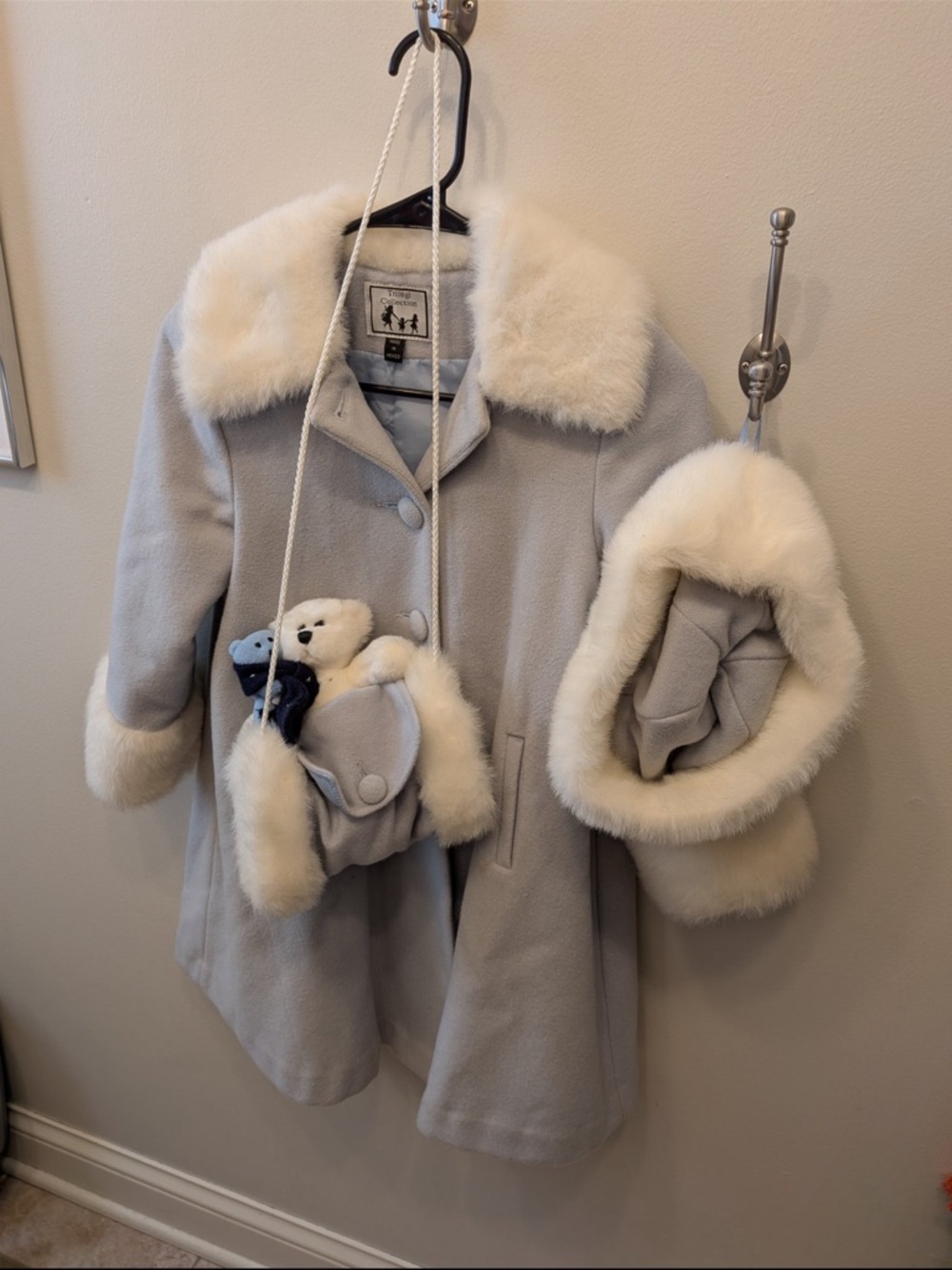 Light Blue Faux Fur Trim Coat with Hat and Purse